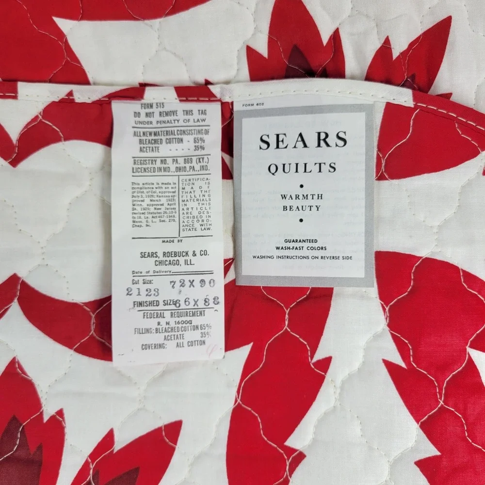 VTG Sears Danville Quilt Coverlet Twin Red Floral Americana Reversible Deadstock